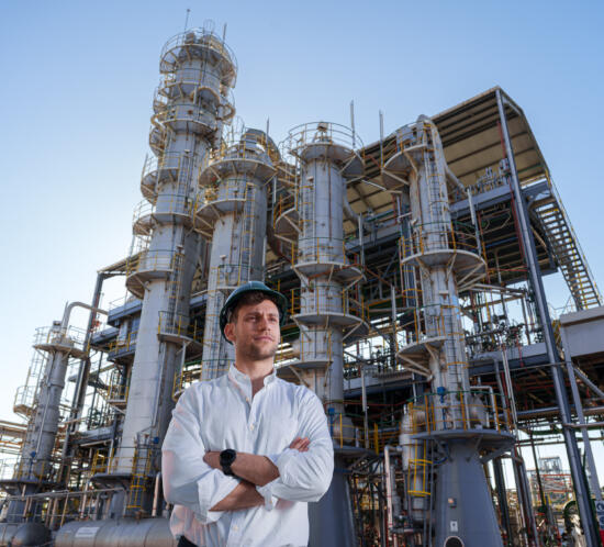 Fotografia corporativa del CEO d’Epoch Biodesign amb casc verd i braços plegats davant de torres industrials.